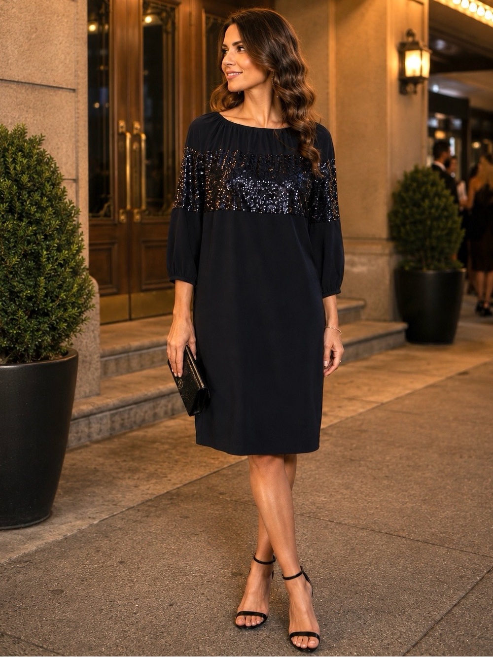 Joseph Ribkoff Black Sequin Panel Dress Elegant Cocktail Evening Dress